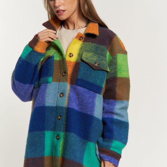 New DAVI N DANI fuzzy shacket shirt plaid multi color brushed western SM-4X - Picture 2 of 16